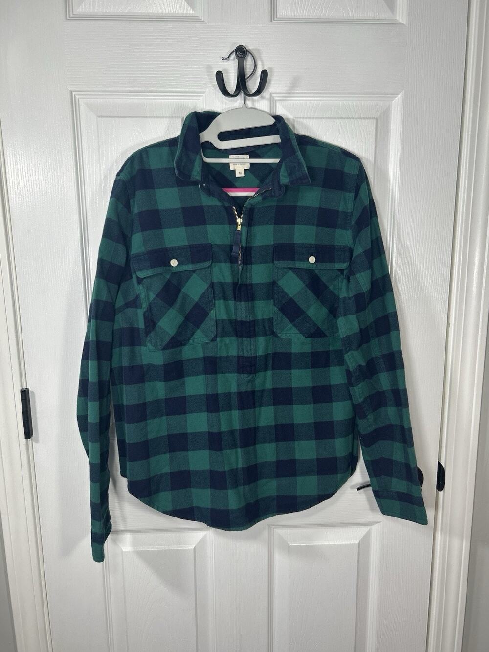 J.Crew Green Navy Buffalo Plaid Cotton Flannel Half Zip Pullover Shirt Women's M